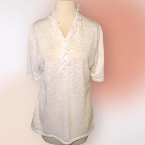 Saga White Short Sleeved Ruffled V Neck Tee Size Med